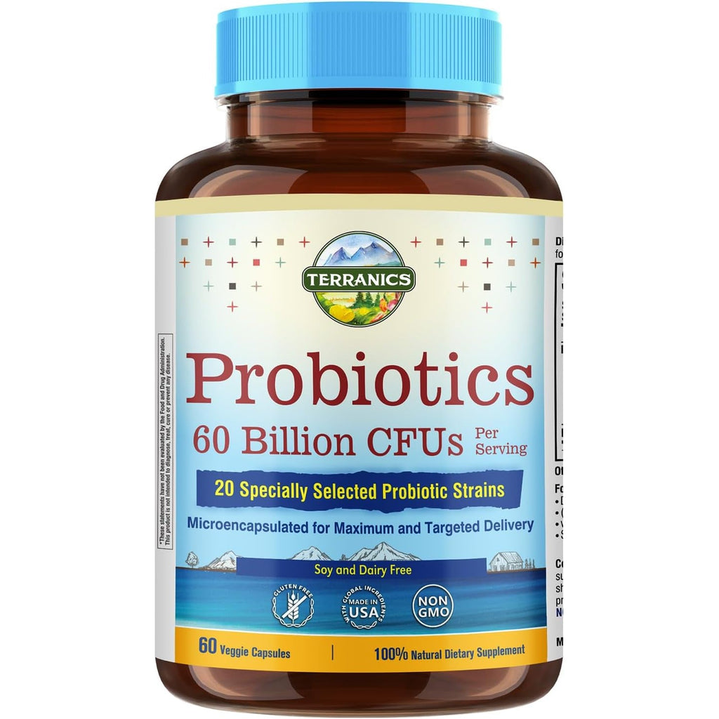 Terranics Probiotics 60 Billion CFU, 20 Strains, 60 Veg Capsules, Prebiotics & Probiotics, Shelf Stable Probiotic Supplement for Men & Women, Non-Gmo, NO Soy, Dairy & Gluten
