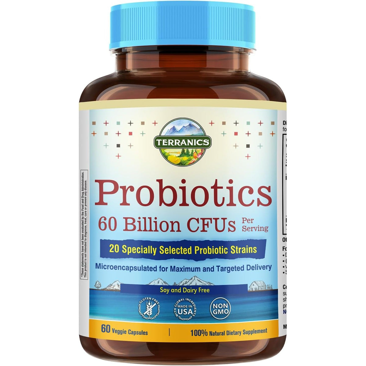 Terranics Probiotics 60 Billion CFU, 20 Strains, 60 Veg Capsules, Prebiotics & Probiotics, Shelf Stable Probiotic Supplement for Men & Women, Non-Gmo, NO Soy, Dairy & Gluten