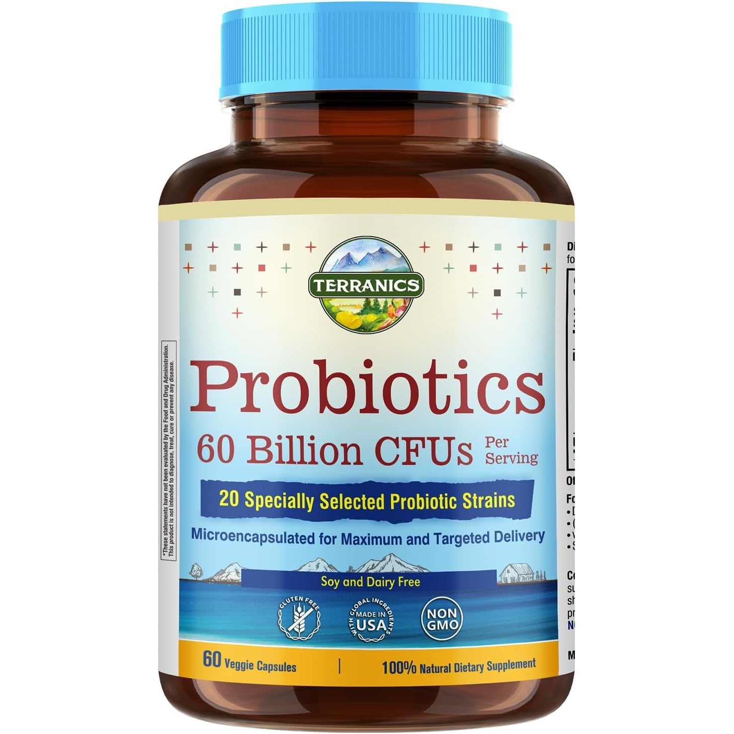 Terranics Probiotics 60 Billion CFU, 20 Strains, 60 Veg Capsules, Prebiotics & Probiotics, Shelf Stable Probiotic Supplement for Men & Women, Non-Gmo, NO Soy, Dairy & Gluten