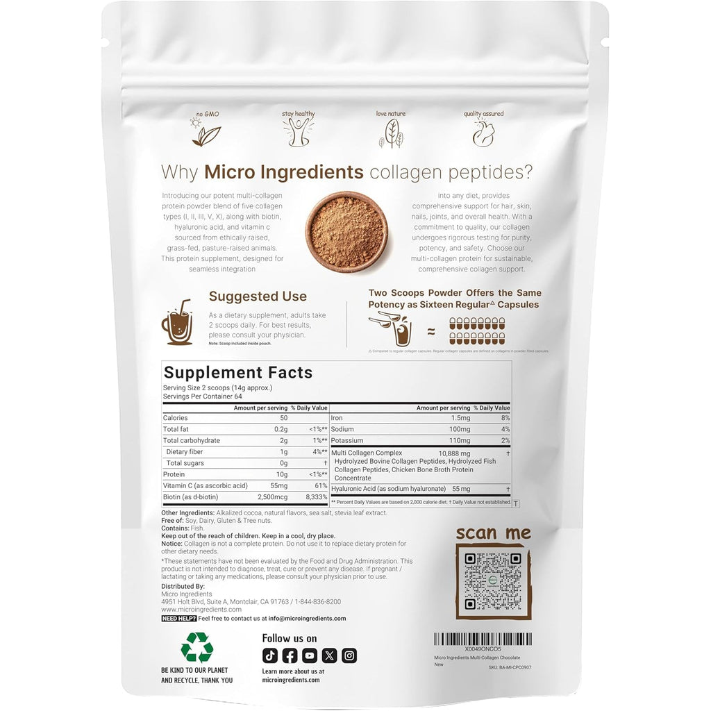 Micro Ingredients Multi Collagen Peptides Powder, 2Lb | Type I, II, III, V, X + Biotin, Vitamin C & Hyaluronic Acid | Chocolate Flavor | Supports Hair, Skin & Joint Health | Keto, Non-Gmo