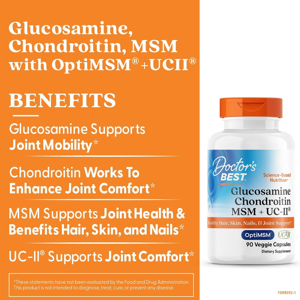 Doctor'S Best Glucosamine Chondroitin MSM + UC-II - Joint Health Support Supplement for Women & Men, Nutritional Support for Joint Strength, Hair, Skin, & Nails, Gluten Free, Non GMO - 90 Veg Capsules