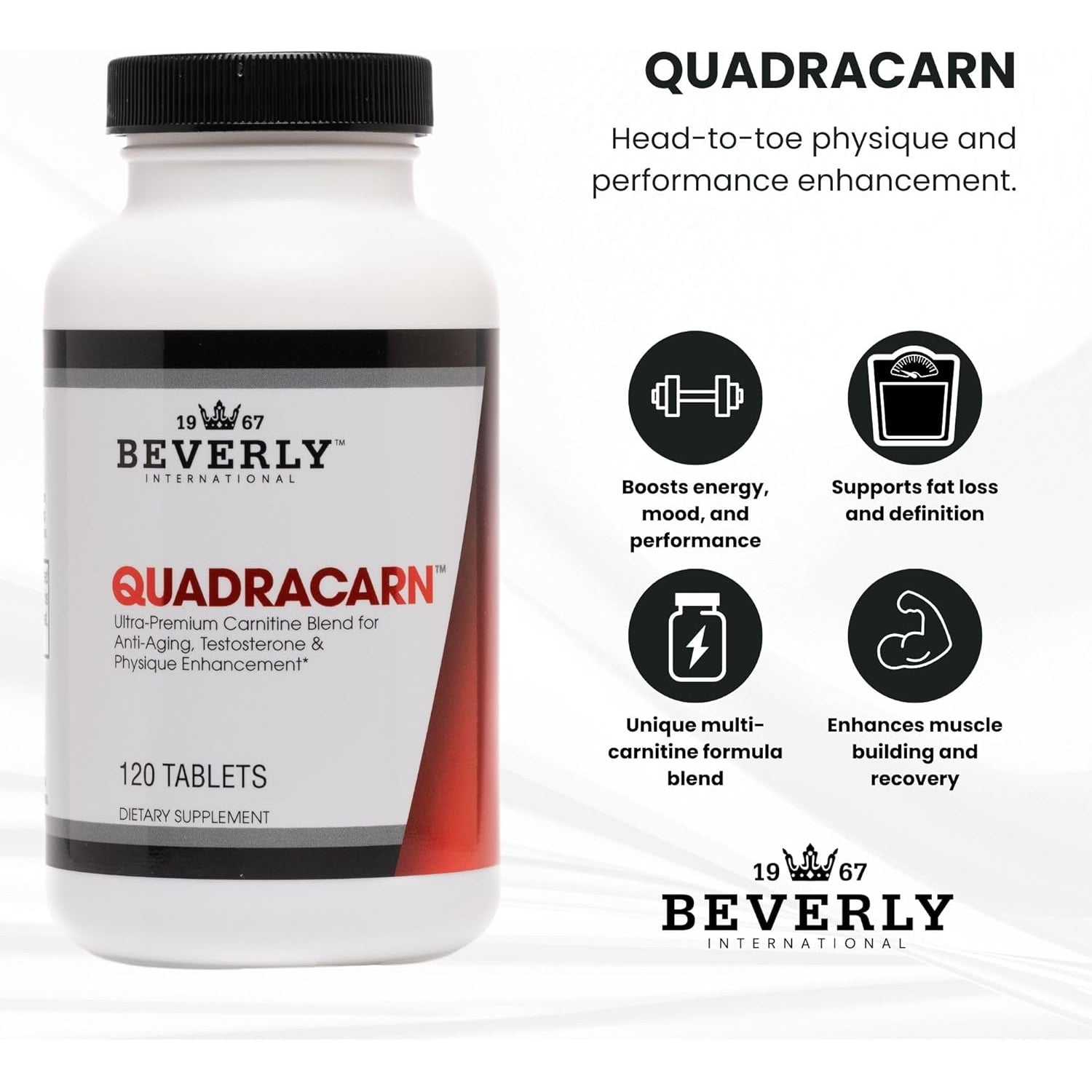 Beverly International Quadracarn 4X-Potency, Lab Tested Ultra-Premium Carnitine Blend for Fat Loss, Muscle Definition, Metabolism, Mood, Energy Boost, Anti-Aging, Brain Function. 120 Tablets.