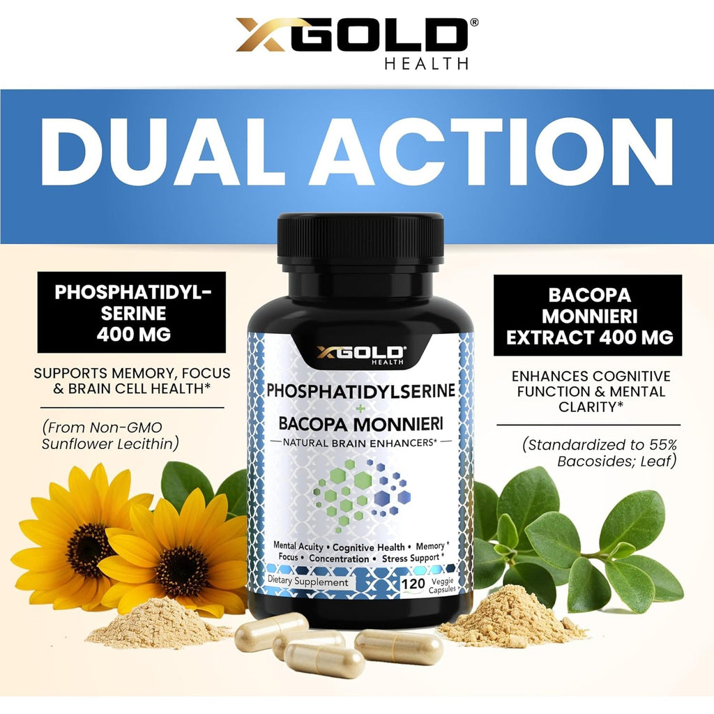Phosphatidylserine & Bacopa Monnieri 800 Mg 2 in 1 Supplement - Natural Brain Enhancer/Nootropic for Enhanced Focus and Concentration, Memory Support, & Cognitive Function - 120 Vegetarian Capsules