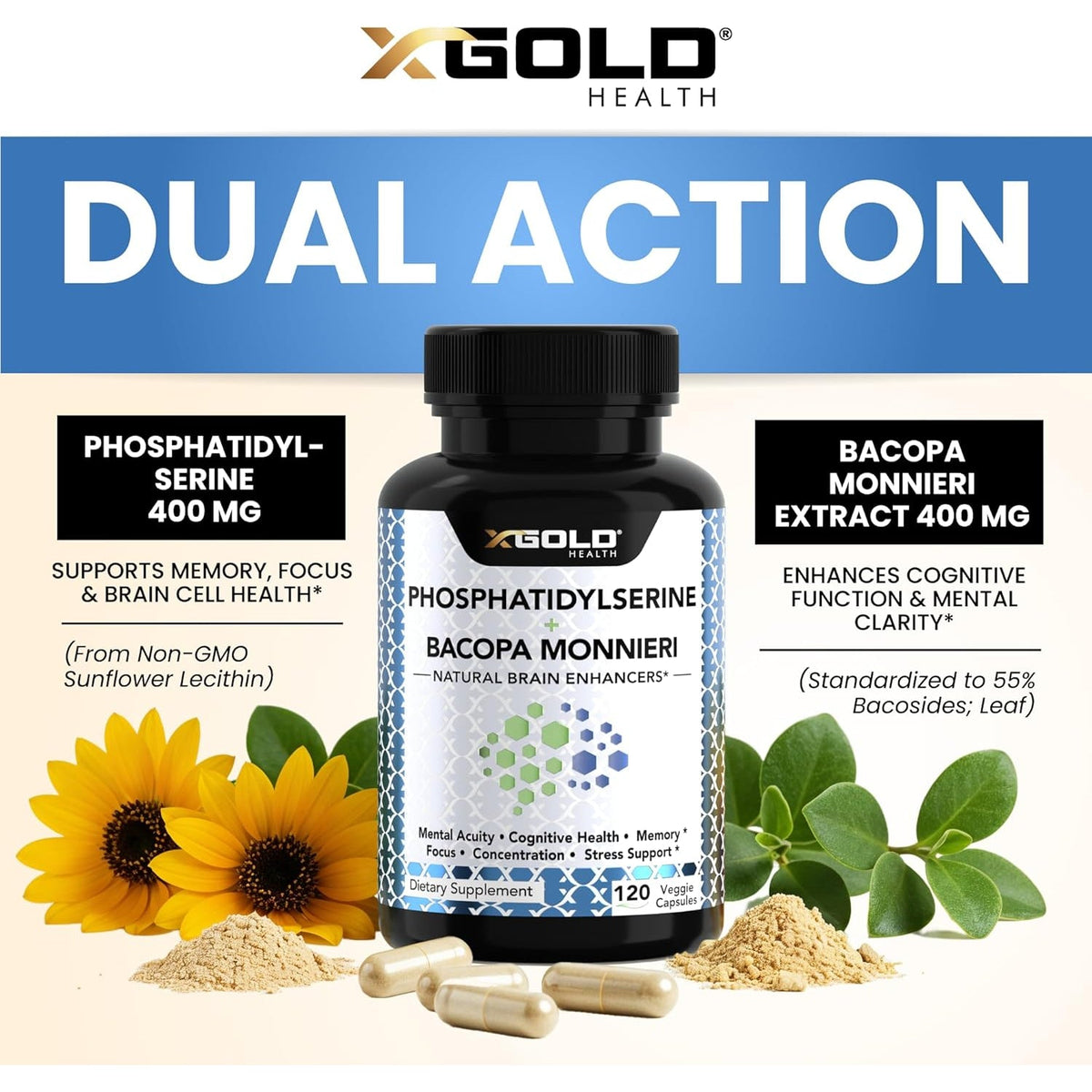 Phosphatidylserine & Bacopa Monnieri 800 Mg 2 in 1 Supplement - Natural Brain Enhancer/Nootropic for Enhanced Focus and Concentration, Memory Support, & Cognitive Function - 120 Vegetarian Capsules