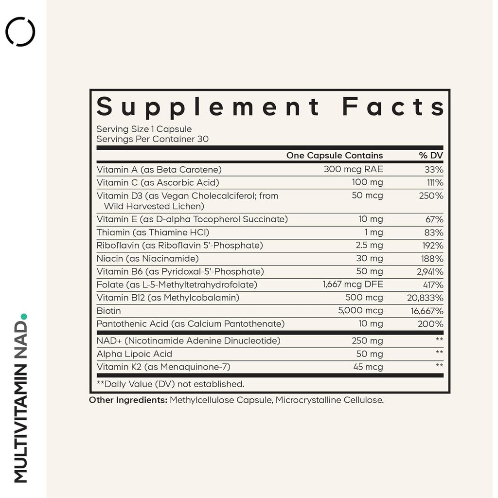 Codeage Multivitamin NAD Supplement - NAD+ Energy & Healthy Aging Support - Vitamin D3 K2, P5P, Methylated B12, Alpha Lipoic Acid, Folate, Riboflavin, Biotin, B Complex Pills - Non-Gmo - 30 Capsules