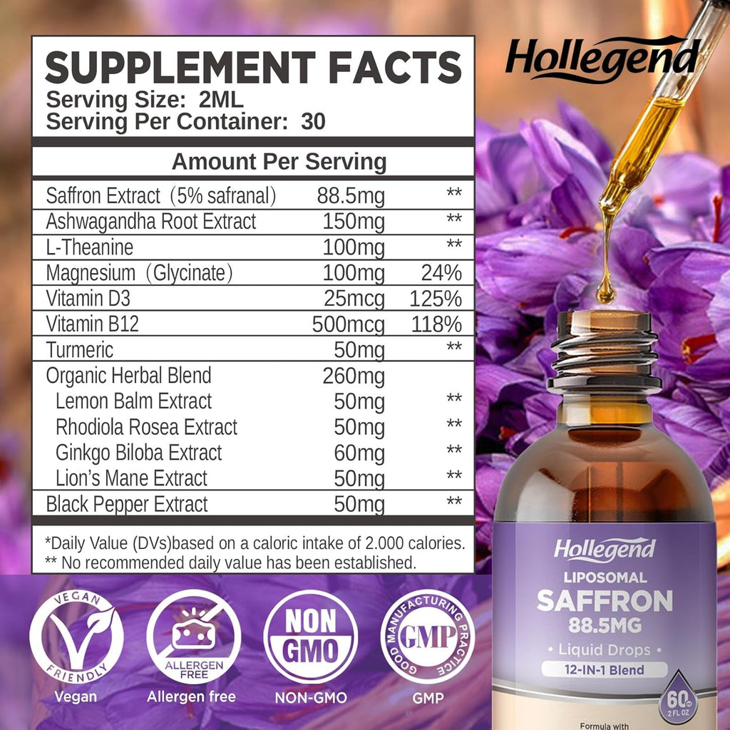 Liposomal Saffron Drops for Kids & Adults, Organic Saffron Supplement W/Magnesium, L-Theanine and Vitamins for Stress, Focus, Vision and Energy Support, Vegan, Natural Lemon Flavor, 2 FL OZ