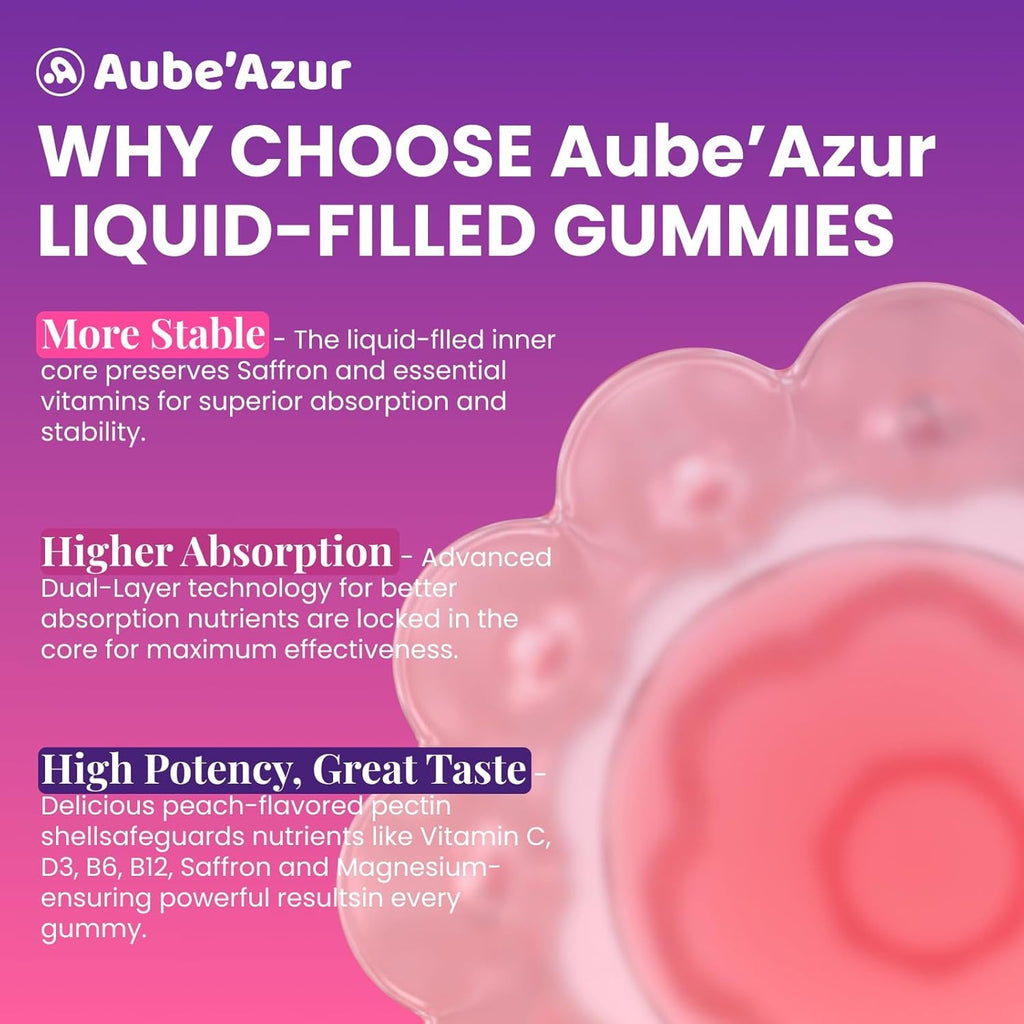 Aube'Azur Saffron Gummies for Kids, 15-In-1 Saffron Supplements for Kids, with B6, B12, C, D3, Magnesium Glycinate, Zinc for Nerve, Rest, Focus, Sugar Free, Vegan, Non- GMO, Peach Flavor, 60 Count