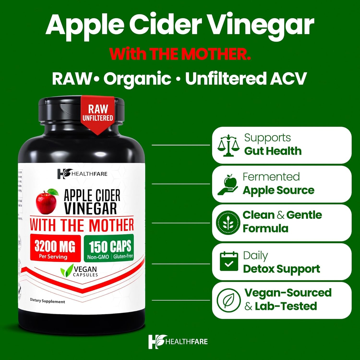 Healthfare Apple Cider Vinegar Capsules with the Mother | 3200Mg Raw, Organic & Unfiltered ACV | 150 Vegan Pills | Maximum Strength Supplement for Detox & Digestion | Non-Gmo, Gluten-Free, Made in USA