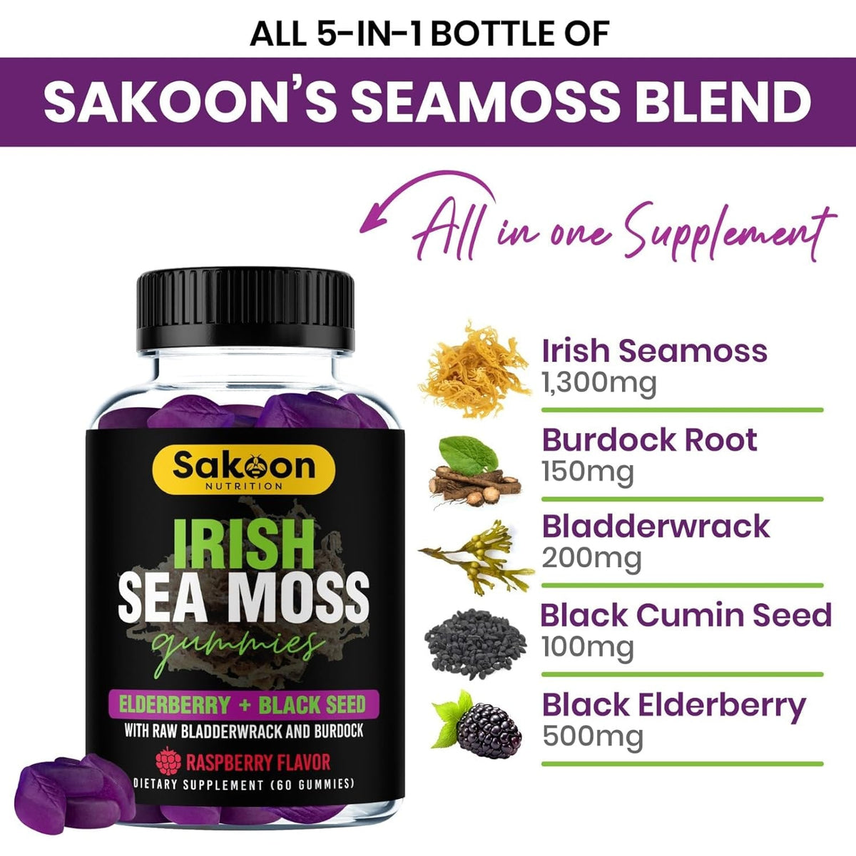 Sakoon Nutrition Irish Sea Moss Gummies with Elderberry & Black Seed Oil - Raspberry Flavor - 60 Gummies