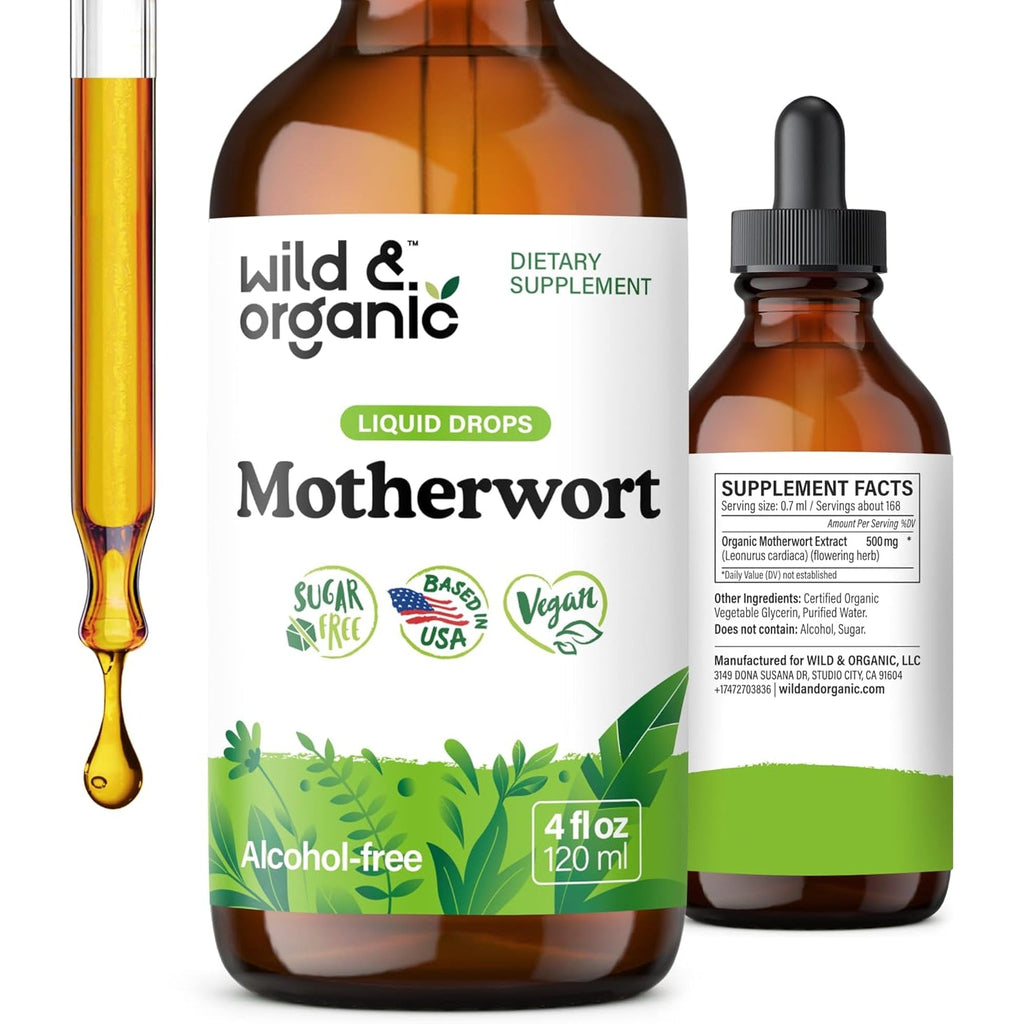 Wild & Organic Motherwort Tincture - Good Mood, Calmness, Overall Support - Supplements for Women with Motherwort Herb - Vegan, Sugar & Alcohol-Free Extract Drops - 4 Fl Oz