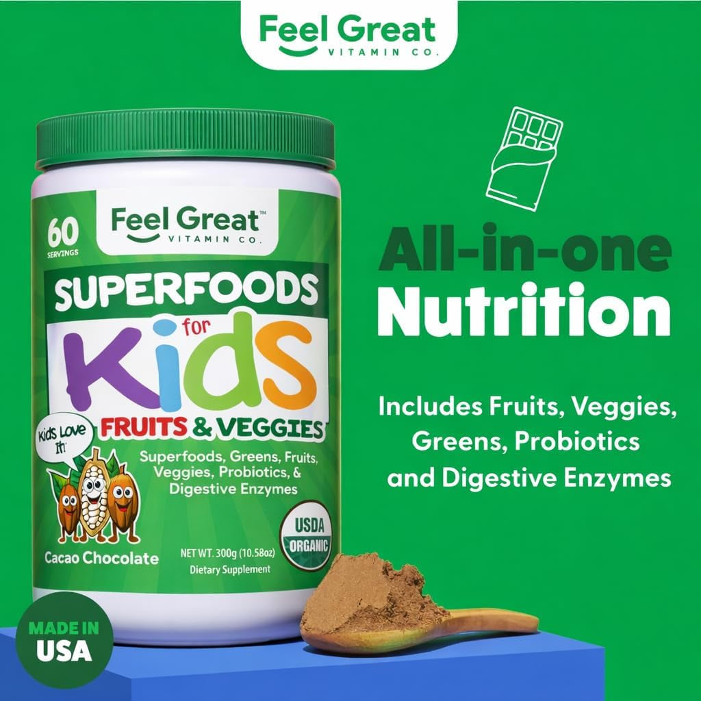 Feel Great USDA Organic Super Greens Powder for Kids - Cocao Chocolate | Fruit & Veggie Supplement | Superfood Powder with Probiotics & Digestive Enzymes for Digestive Health | 60 Days Supply