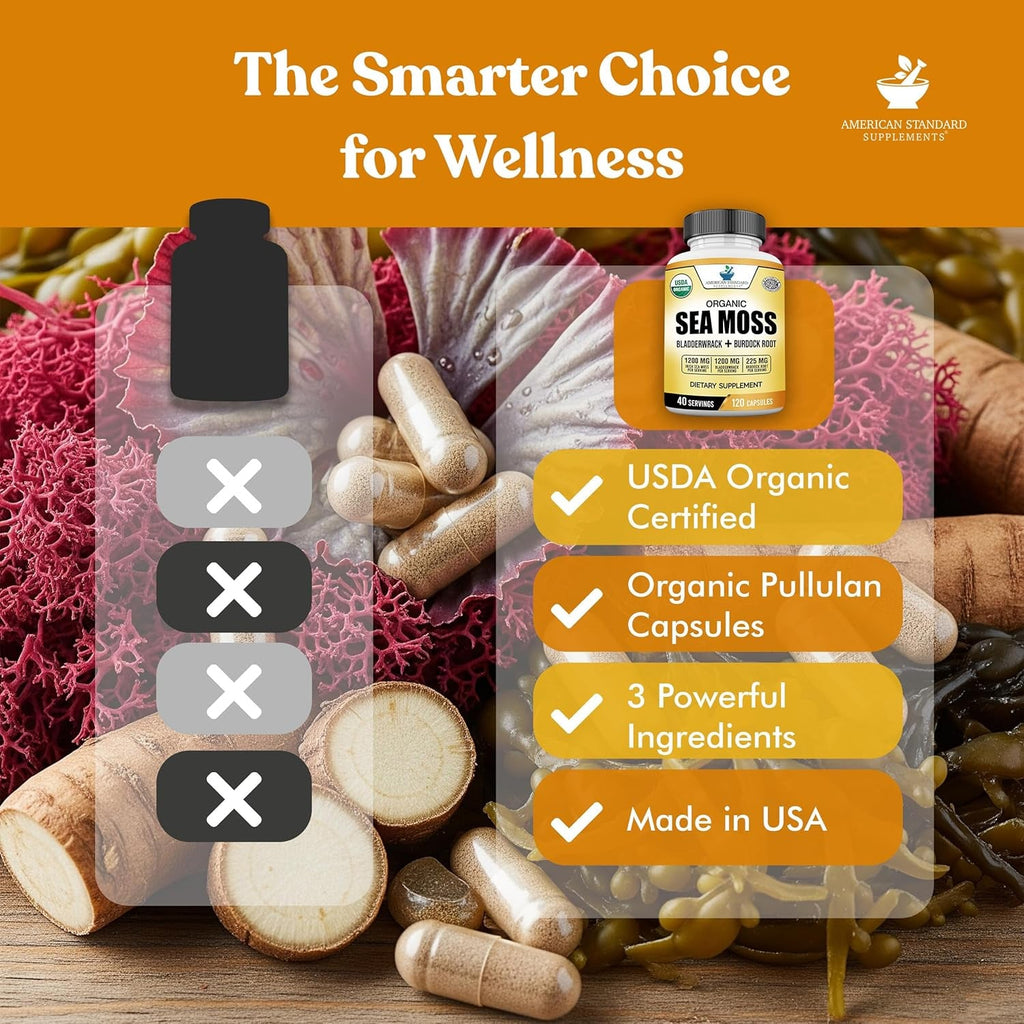 American Standard Supplements Organic Sea Moss, Bladderwrack & Burdock Root Capsules - 1200Mg Seamoss, 1200Mg Bladderwrack, 225Mg Burdock Root per Serving - 120 Capsules, 40 Servings