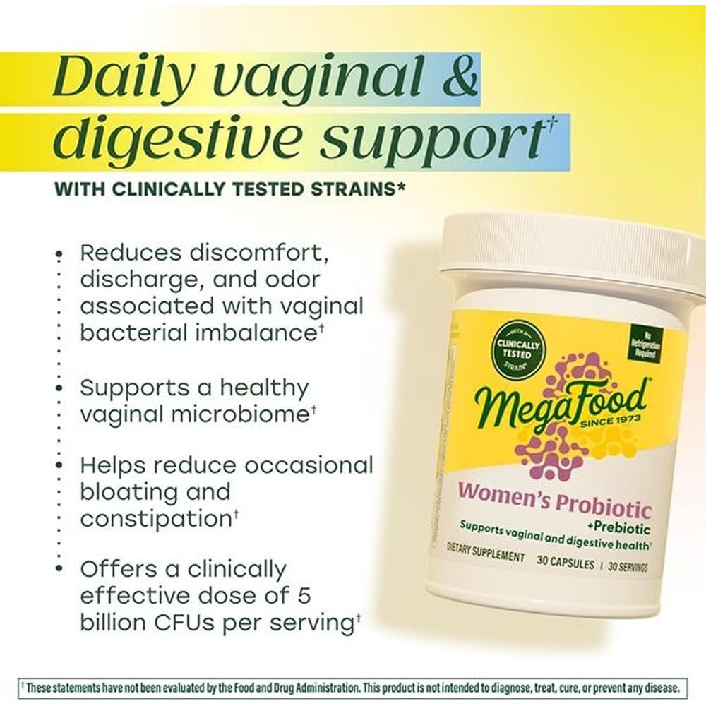 Megafood Womens Probiotic + Prebiotic - Gluten-Free Prebiotics and Probiotics for Women, Supports Digestive Health & Regularity, Vaginal Probiotics for Healthy Ph Levels, Vegetarian - 30 Capsules