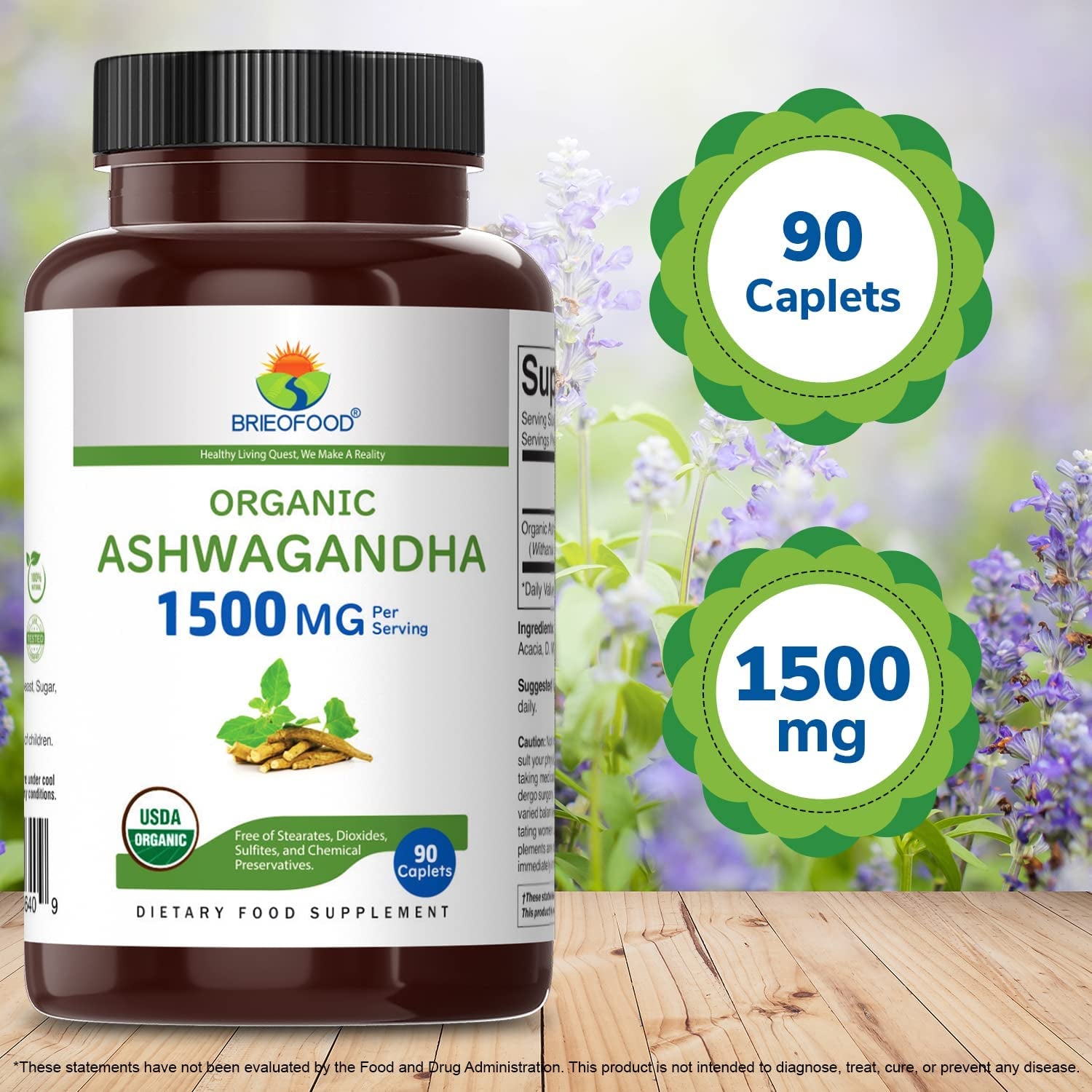 Brieofood Organic Ashwagandha 1500Mg, 45 Servings, Vegetarian, Gluten Free, 90 Vegetarian Tablets