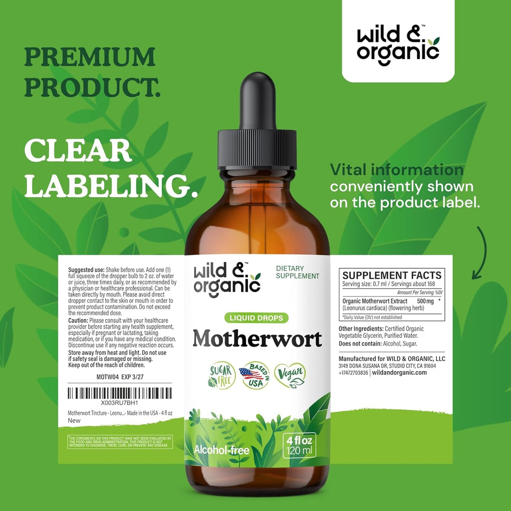 Wild & Organic Motherwort Tincture - Good Mood, Calmness, Overall Support - Supplements for Women with Motherwort Herb - Vegan, Sugar & Alcohol-Free Extract Drops - 4 Fl Oz