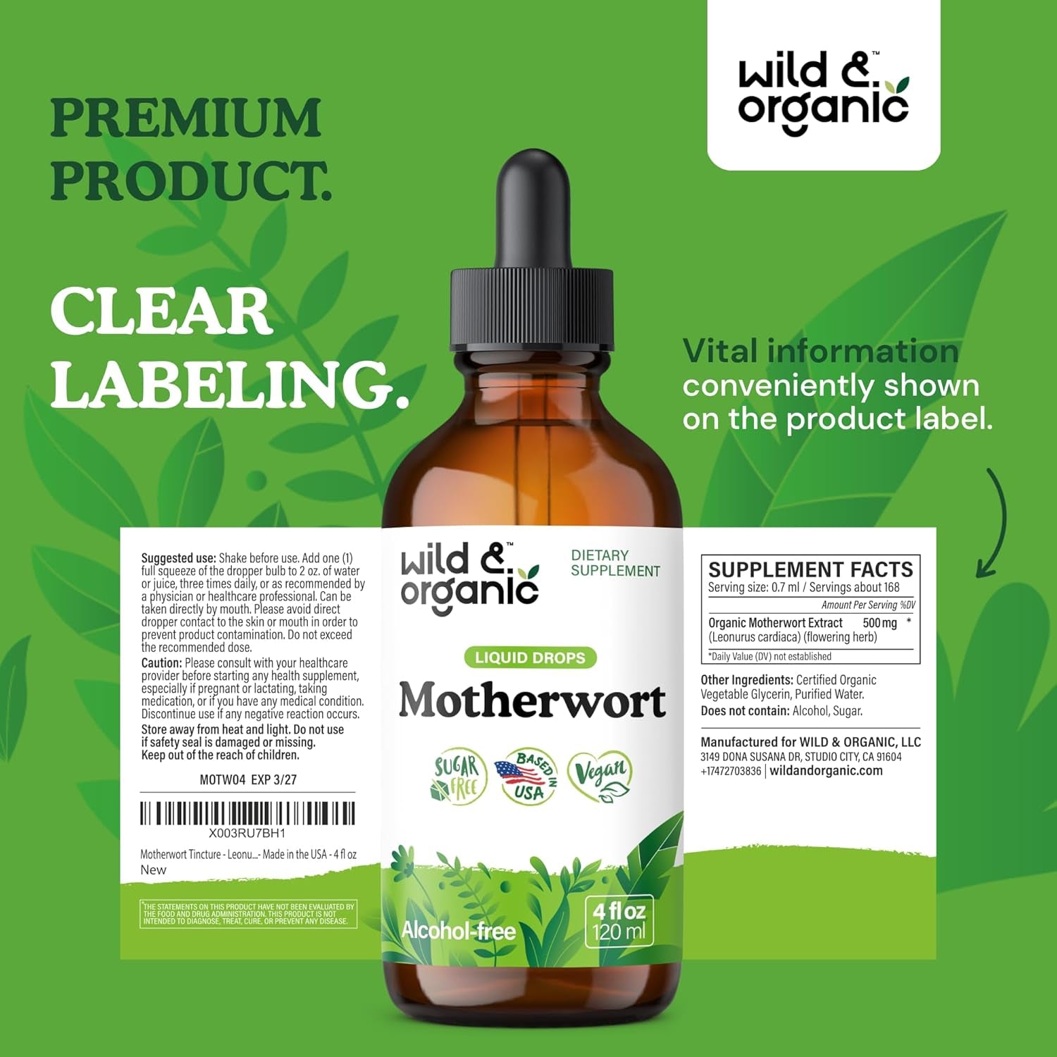 Wild & Organic Motherwort Tincture - Good Mood, Calmness, Overall Support - Supplements for Women with Motherwort Herb - Vegan, Sugar & Alcohol-Free Extract Drops - 4 Fl Oz