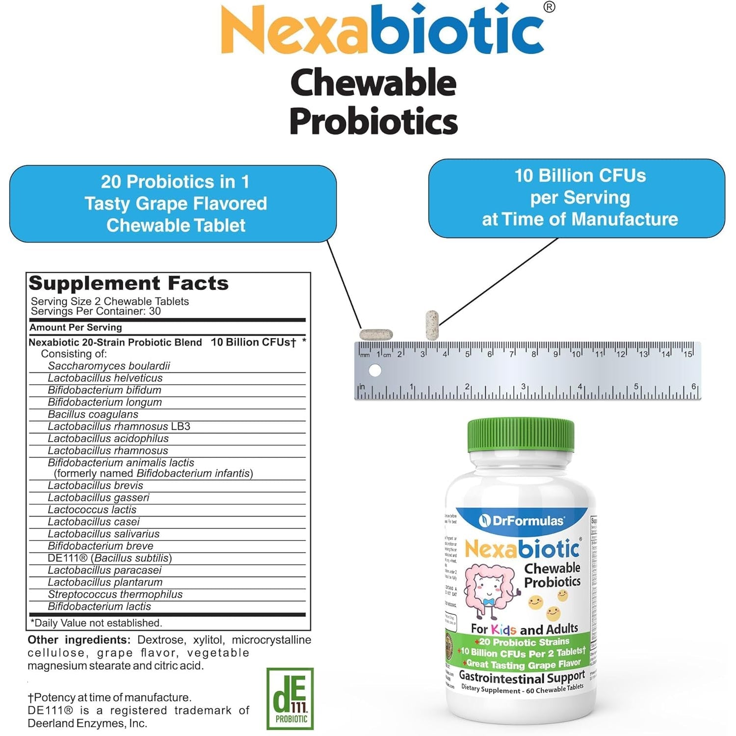 Drformulas Chewable Probiotics for Kids & Adults | for Oral Dental Health, Bad Breath, & Better Digestion 20 Multi Strain - S Boulardii, Lactobacillus Plantarum and Bifidobacterium Infantis, 60 Chews