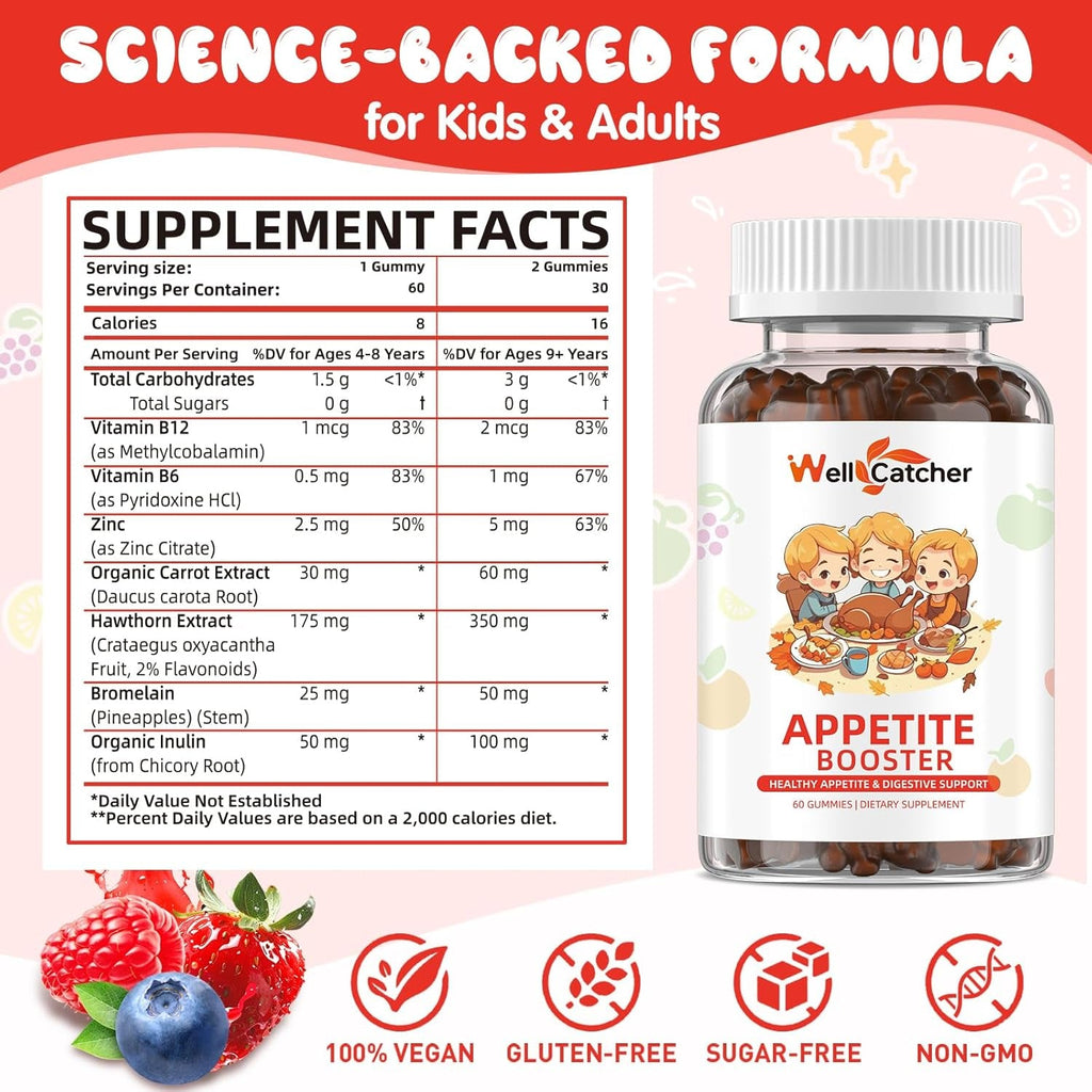 Appetite Booster Gummies for Kids Adults: Picky Eater Vitamins Support Eat More Height Growth Gut Health & Nutritional Balance with Bromelain Hawthorn Zinc, Sugar Free 60CT