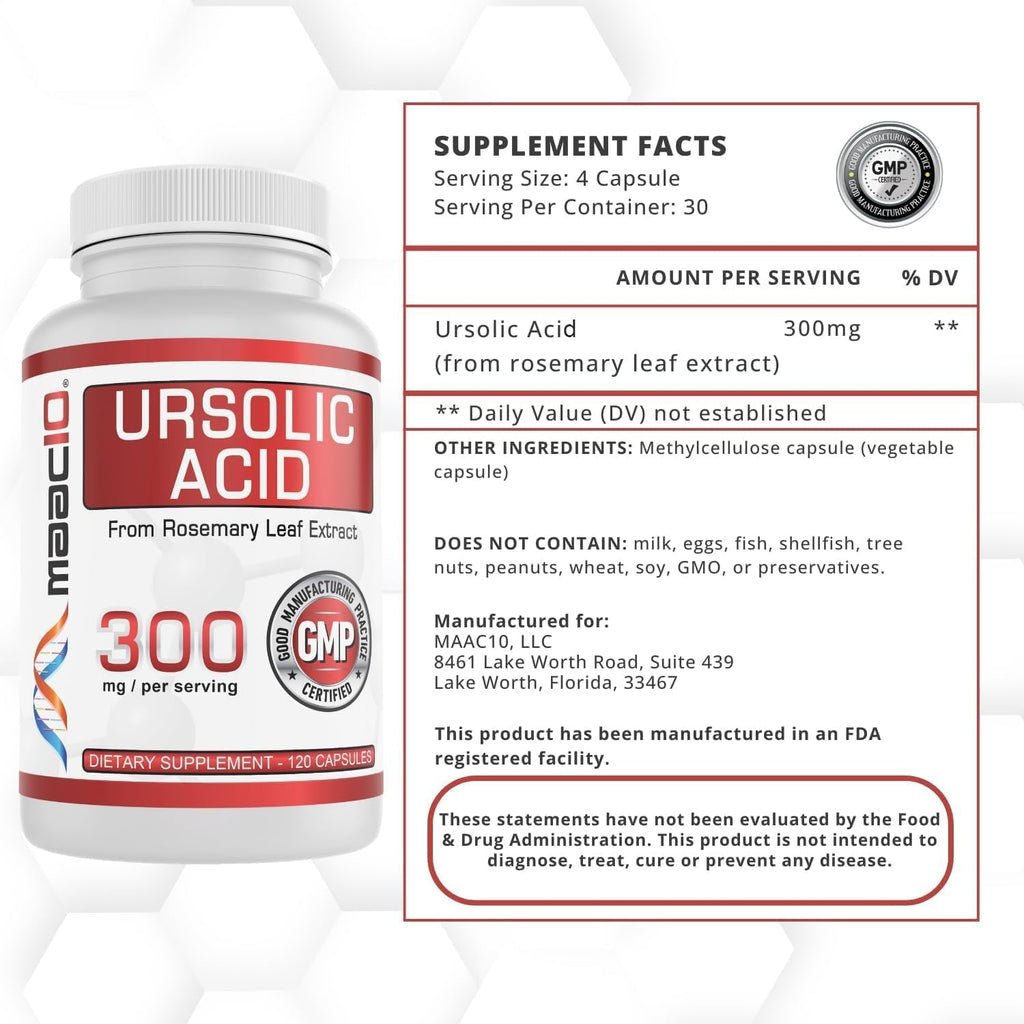 MAAC10 Ursolic Acid 300Mg - Sourced from Rosemary Extract, AMPK & Sirtuin Activator - Third-Party Lab Tested