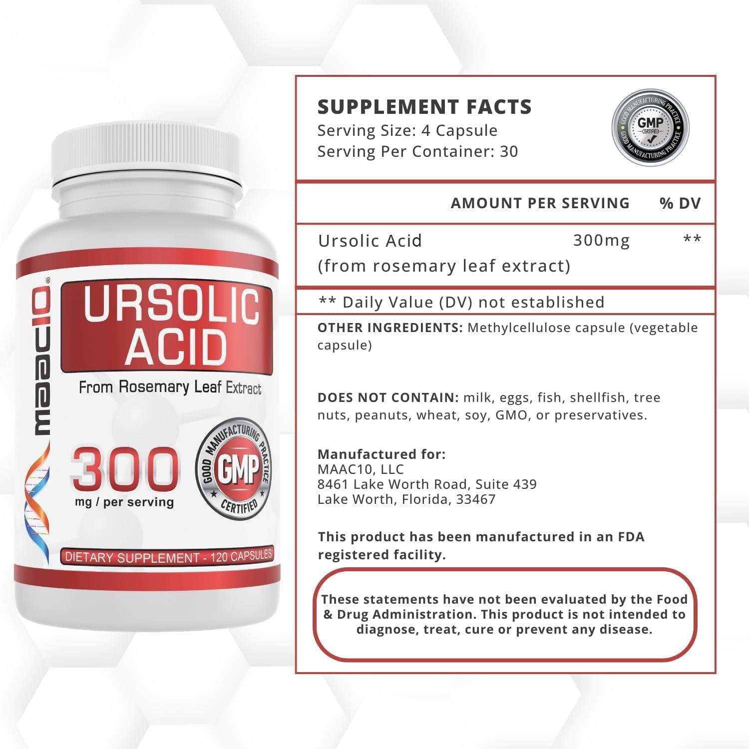MAAC10 Ursolic Acid 300Mg - Sourced from Rosemary Extract, AMPK & Sirtuin Activator - Third-Party Lab Tested