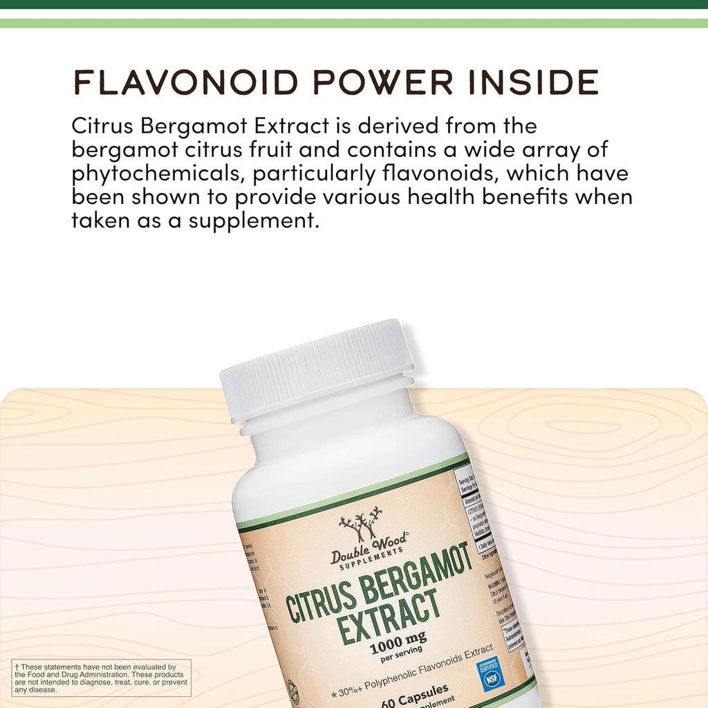 Citrus Bergamot Supplement - NSF Certified - Supports Healthy Cholesterol & Triglyceride Levels - 1000Mg, 60 Capsules (Bergamonte Standardization) by Double Wood