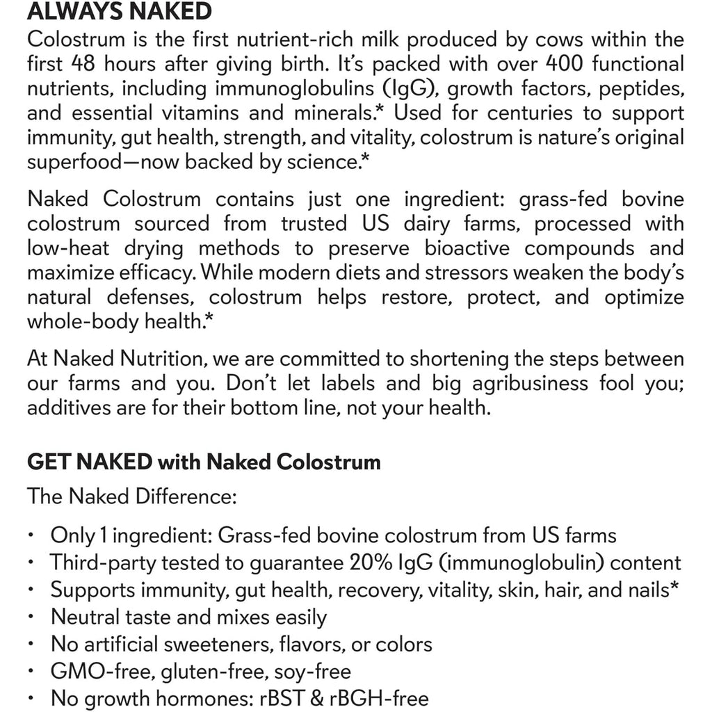 NAKED Colostrum Powder – 100% Grass-Fed Bovine Colostrum Supplement from US Farms | Tested at 20%+ Igg | Gut Health, Immunity, Recovery & Skin Support - 150 Servings