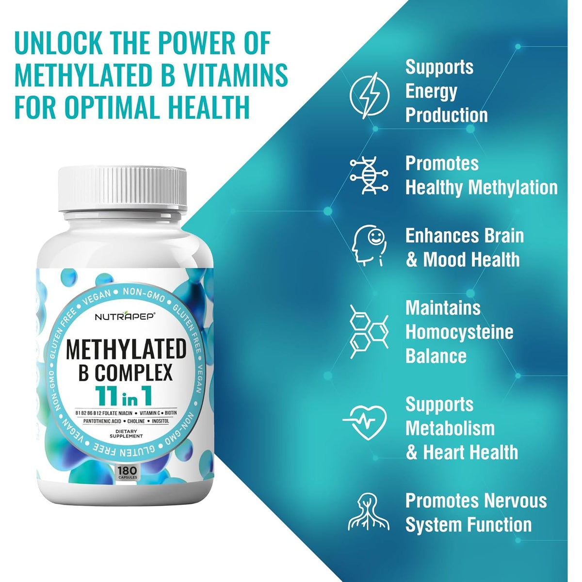 Nutrapep Methylated B-Complex Vitamins - Complete Methyl B Complex Multivitamin with Bioactive B9 5-MTHF B6 B12 - MTHFR Support Supplement for Brain Heart Energy - Vegan Gluten Free Sugar Free