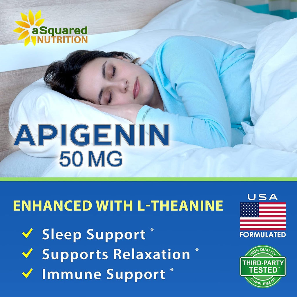 Asquared Nutrition Apigenin 50Mg & L-Theanine 200Mg - 120 Capsules - Apigenin Supplement Pills for Sleep and Relaxation - Natural Bioflavonoid Extract Found in Chamomile Tea