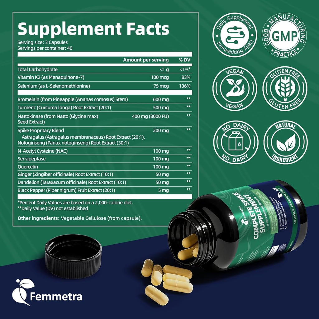 Spike Protein Detox Capsules, Nattokinase Supplement 8000FU, Quercetin with Bromelain & Curcumin Etc. 13-In-1 Protein Capsules Wellness Formula for Immune Health, Vegan, Non-Gmo, 120 Capsules