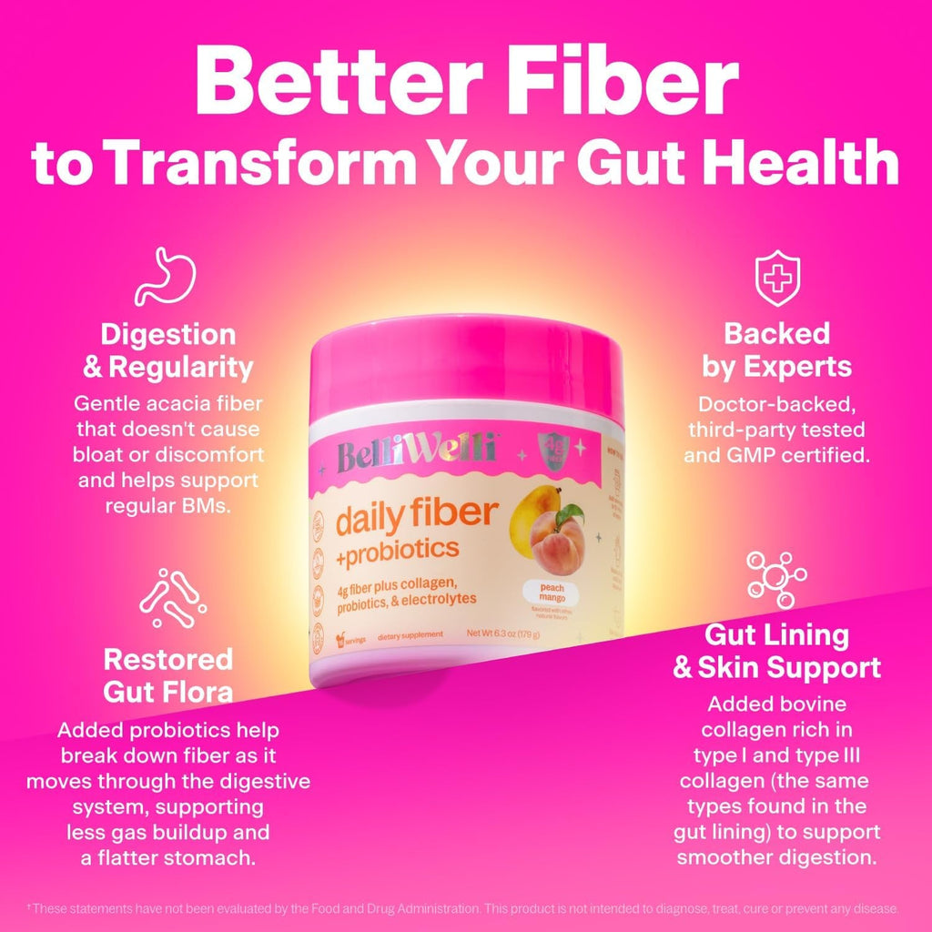 Belliwelli Fiber Supplement for Women & Men – Premium Daily Fiber Powder from Organic Acacia with Added Collagen, Electrolytes & Probiotics – No Bloat, Constipation & Gut Health Support (Peach Mango)
