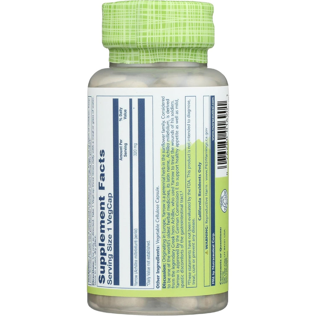SOLARAY True Herbs Yarrow 320Mg, Whole Aerial - Yarrow Herbal Supplements for Wellness Support - Non-Gmo, Vegan, Gluten Free, Lab Verified, 60-Day Money Back Guarantee - 100 Servings, 100 Vegcaps