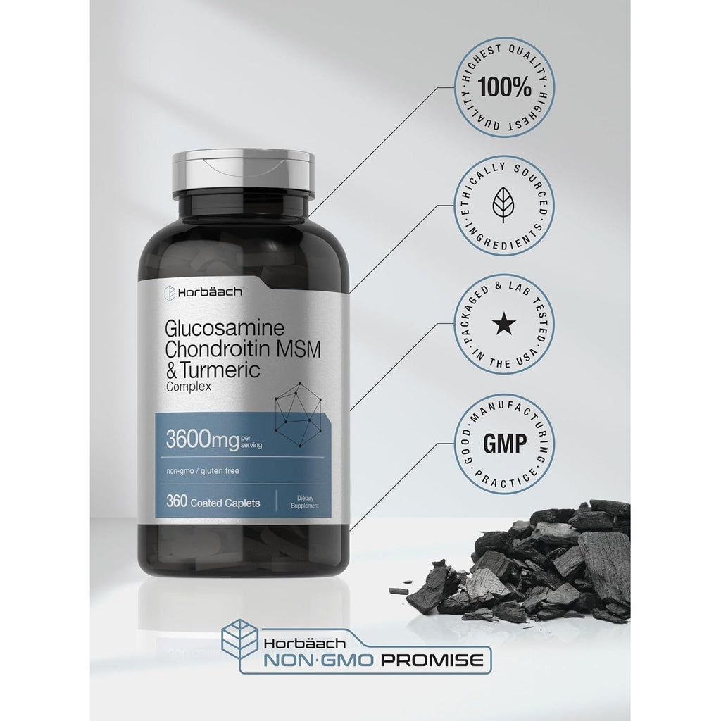 Horbäach Glucosamine Chondroitin MSM | 360 Caplets | Advanced Formula with Turmeric | Non-Gmo, Gluten Free