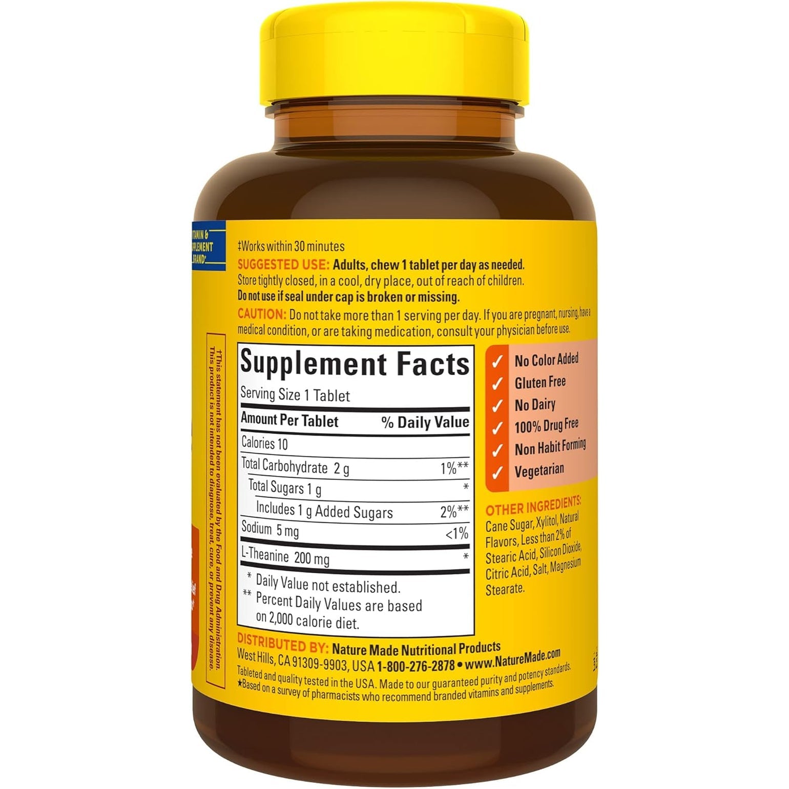 Nature Made Chewable L Theanine 200Mg, L-Theanine Supplement for Stress Relief, 50 Chewable Tablets, 50 Day Supply