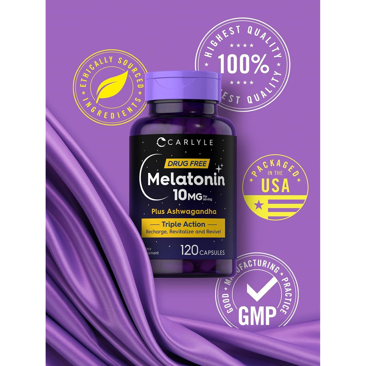 Carlyle Melatonin 10Mg | 120 Capsules | with Ashwagandha | Triple Strength Formula | Non-Gmo, Gluten Free Supplement