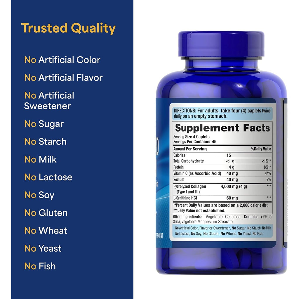 Puritan'S Pride Hydrolyzed Collagen Pro-Structural Protein for Men and Women 1000Mg, Dietary Supplement for Skin, Bones and Joints, 180 Caplets