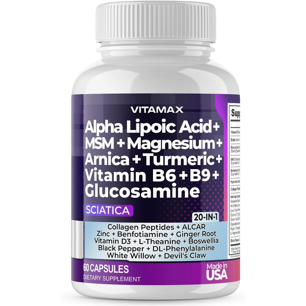 Sciatic Nerve Health Support - Sciatic Nerve Supplement Capsules with Folic Acid, Pea, Glucosamine, MSM, Vitamin B Complex, Alpha Lipoic Acid 300Mg – 60Ct – Made in USA