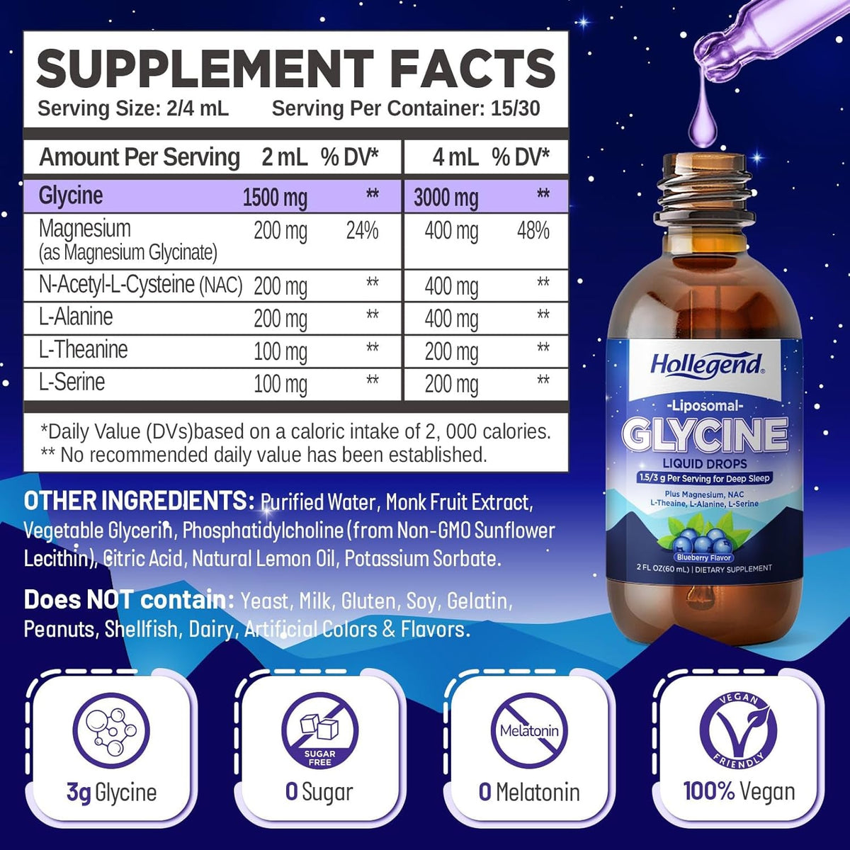 Liposomal Glycine Supplements for Sleep, 1.5/3G Glycine Liquid Drops with Magnesium, L-Theanine & L-Serine | plus NAC & L-Alanine for Liver & Cellular Health, Vegan, Blueberry, 2 Fl Oz