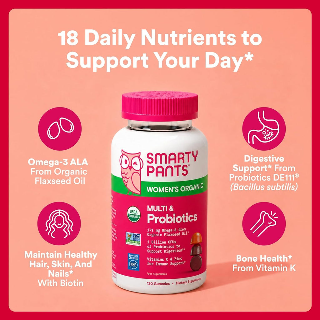 Smartypants Organic Women'S Multivitamin Gummies: Biotin, Probiotics, Methylfolate, Omega 3 (ALA), Vitamin D3, C, Vitamin B12, B6, A, K & Zinc, Inositol, Gluten Free, 120 Count (30 Day Supply)