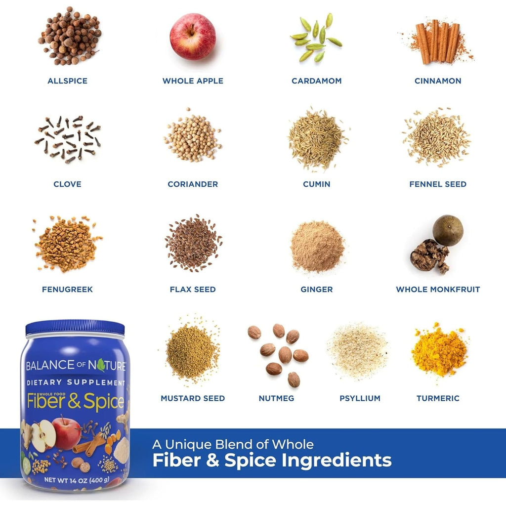 Balance of Nature Fiber & Spice - Psyllium Husk, Flax Seed, Turmeric & Apple - 30 Servings