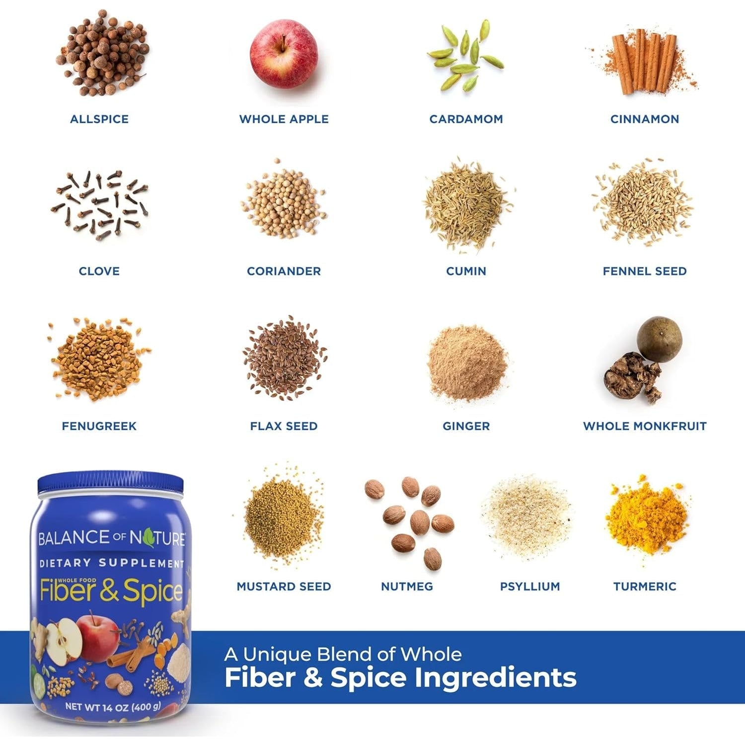 Balance of Nature Fiber & Spice - Psyllium Husk, Flax Seed, Turmeric & Apple - 30 Servings