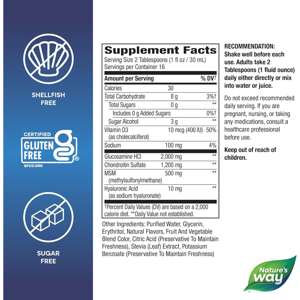 Nature'S Way Ultra-Strength Joint Movement Glucosamine Liquid, Glucosamine, Chondroitin, MSM with Vitamin D3 & Hyaluronic Acid, Fast-Absorbing Liquid, Joint Support Supplement*, Berry Flavored, 16 Oz