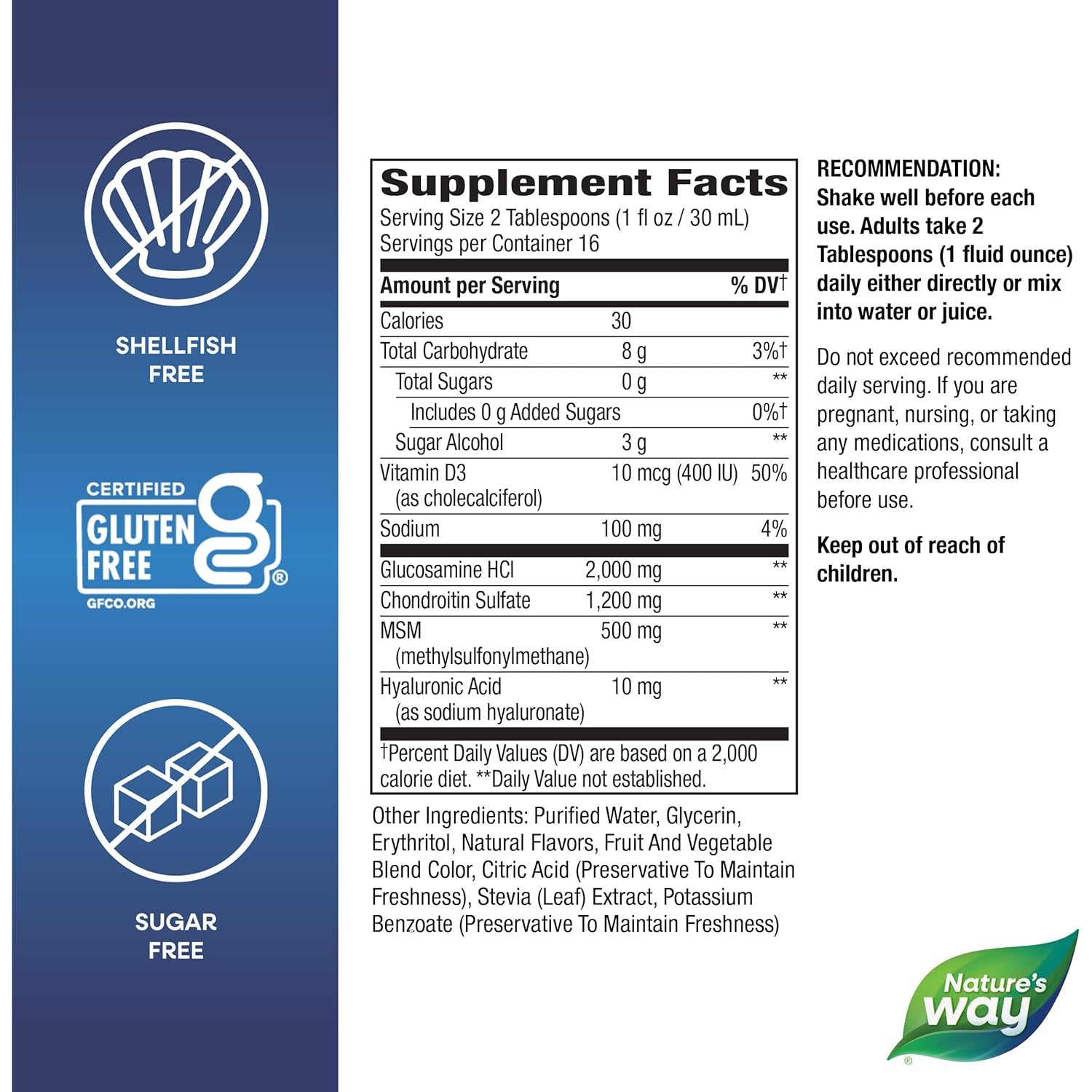 Nature'S Way Ultra-Strength Joint Movement Glucosamine Liquid, Glucosamine, Chondroitin, MSM with Vitamin D3 & Hyaluronic Acid, Fast-Absorbing Liquid, Joint Support Supplement*, Berry Flavored, 16 Oz