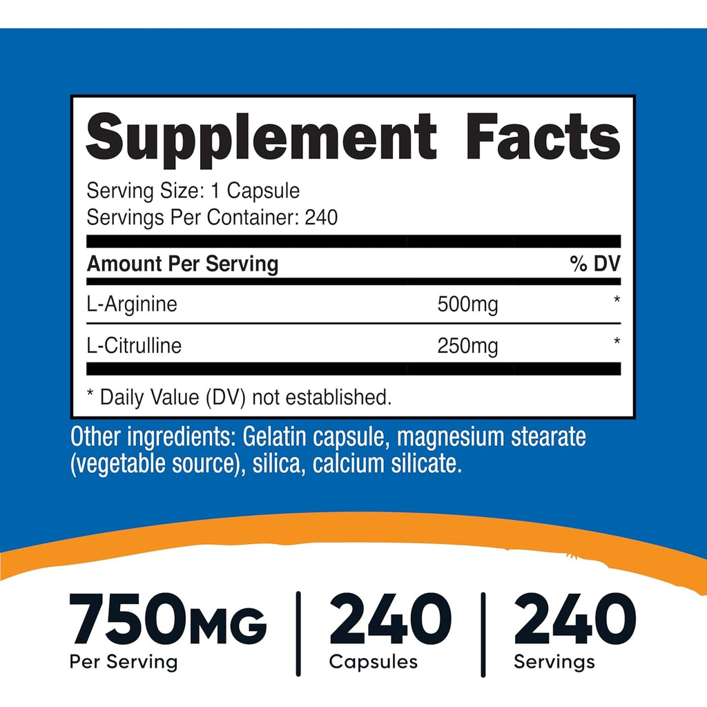 Nutricost L-Arginine L-Citrulline Complex 750Mg, 240 Capsules - Non-Gmo