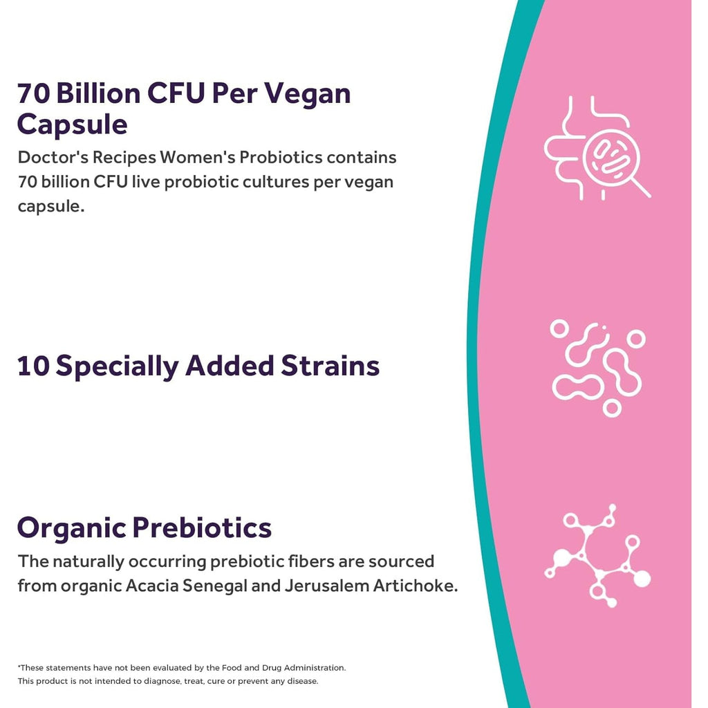 Doctor'S Recipes Probiotics for Women, Organic Prebiotics and Probiotics, 70 Billion CFU, 10 Strains, Shelf Stable, 30 Capsules