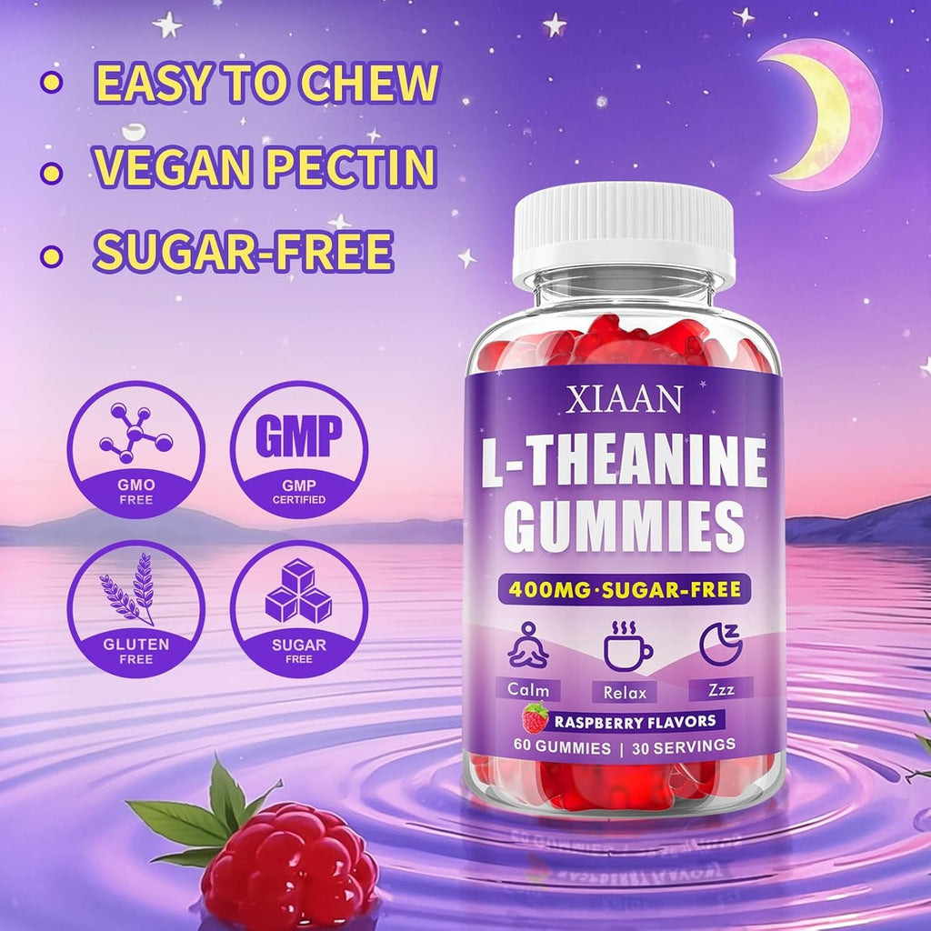 L-Theanine Gummies for Kids & Adults, L'Theanine 400Mg Chewable L Theanine Supplement for Calm, Zzz & Relaxation Support, Vegan, Organic, Raspberry Flavor, 60 Counts