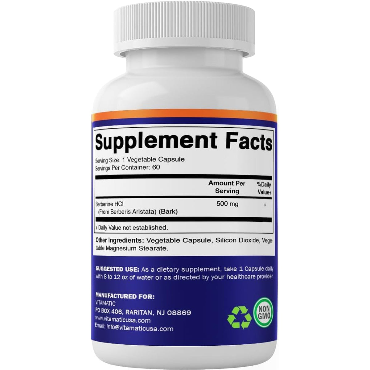 Vitamatic Berberine Supplement 500Mg - 60 Vegetable Capsules - Made in the USA - Gluten Free - Non-Gmo (1 Bottle)