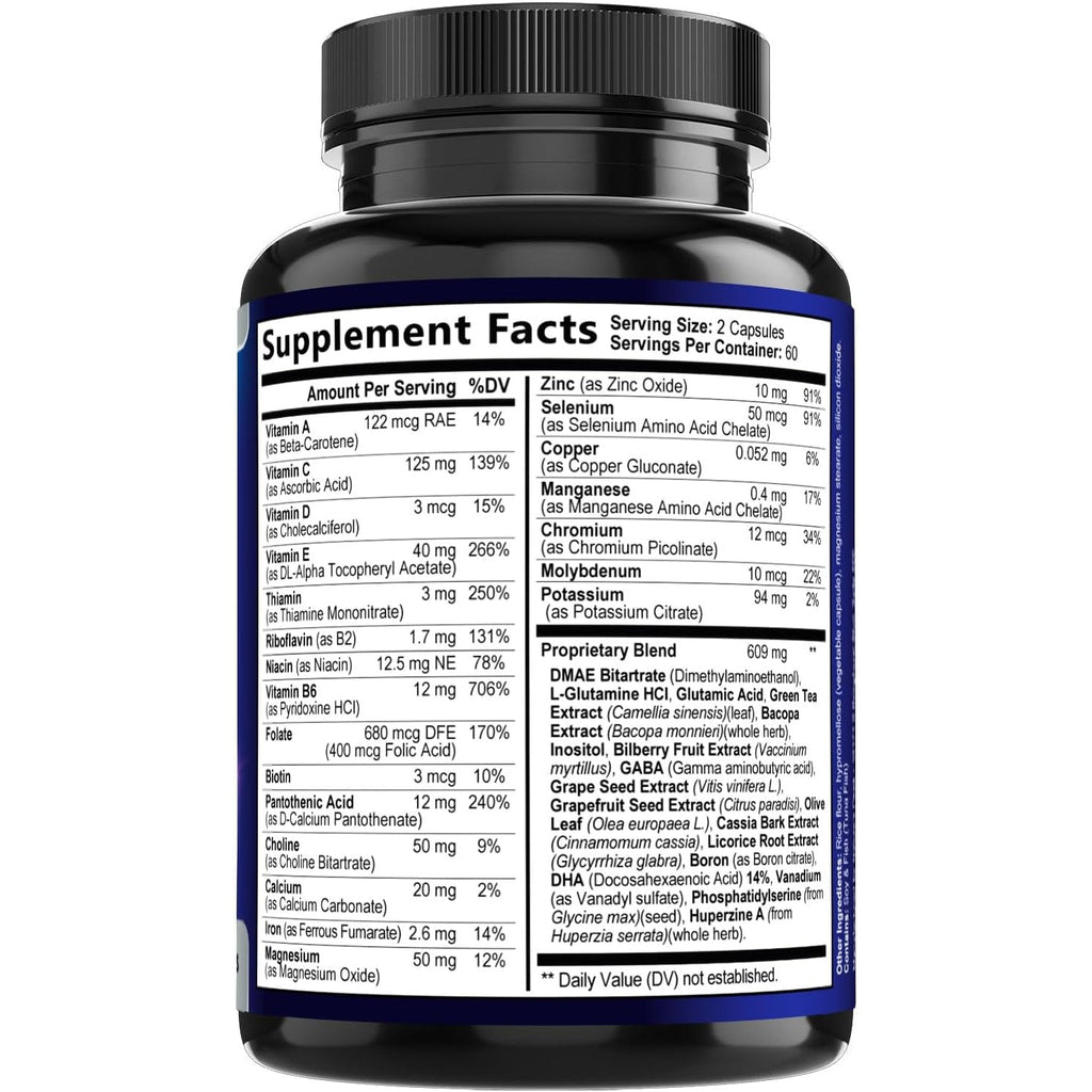 Brain Memory Supplement Pills - 3X Strength Nootropics for Concentration, Clarity & Focus Support - Brain Health Cognitive Vitamins with Bacopa, Phosphatidylserine & DMAE, Brain Booster, 120 Capsules