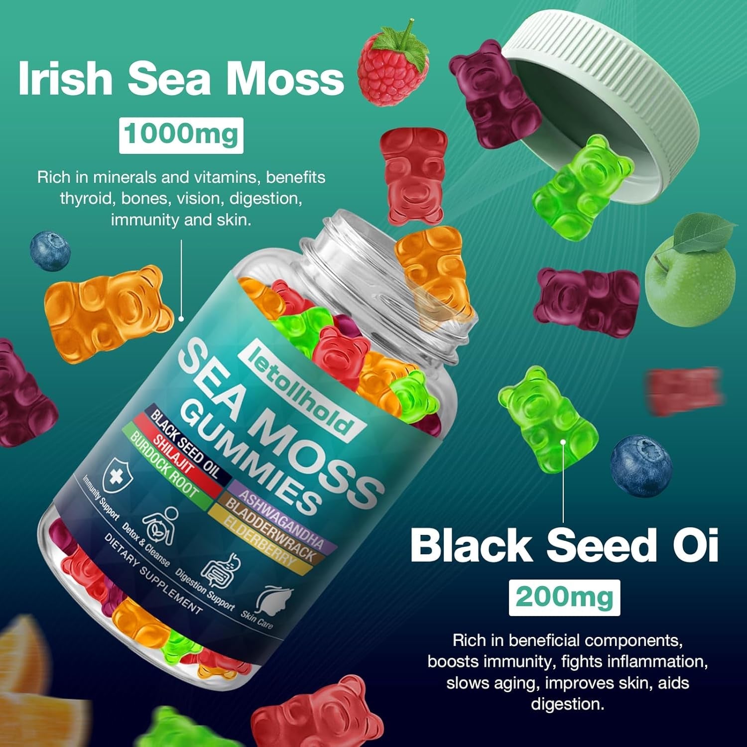 Sea Moss Gummies - Irish Sea Moss Gummies Advanced for Adults with Ashwagandha Bladderwrack & Burdock Root for Supports Immune，Energy - 60 Vegan Gummy,2Pcs