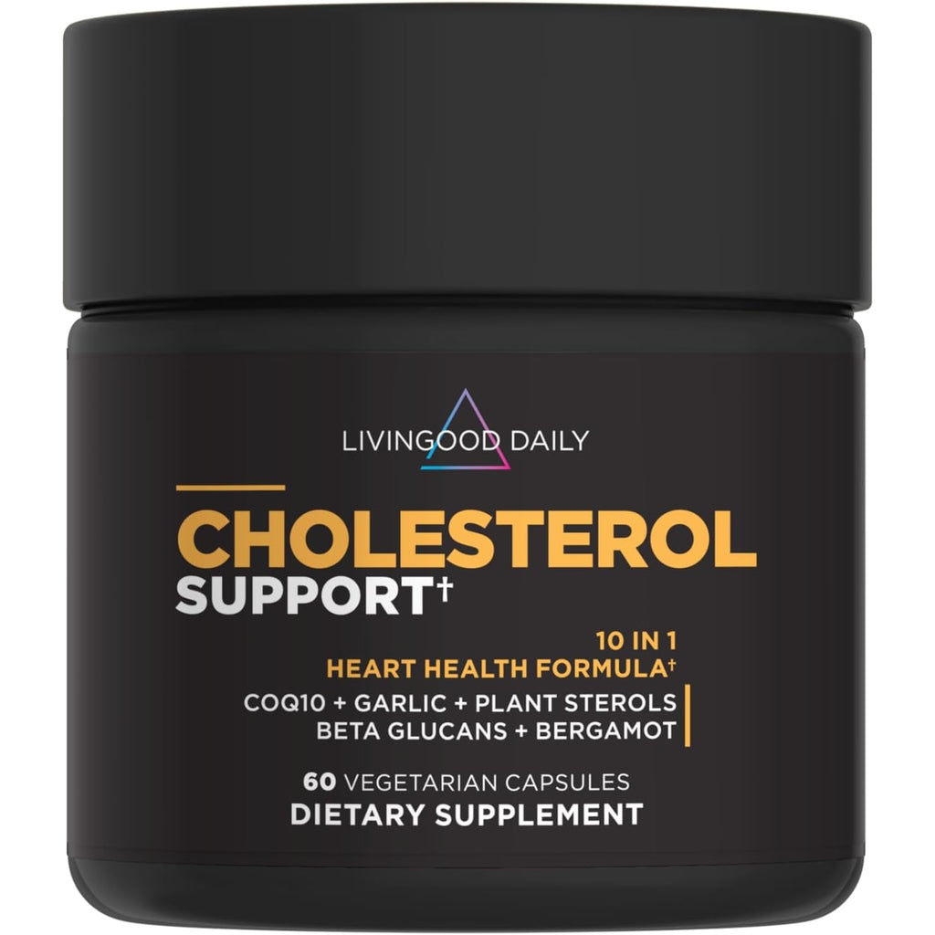 Livingood Daily Cholesterol Support Supplement with Garlic, Coq10, Vitamin E, Bergamot, Plant Sterols for Body and Heart Health Support, Supports LDL and Triglycerides, Gluten Free, Vegan, 60 Capsules