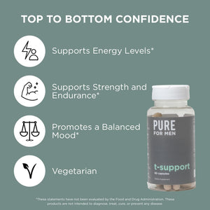 Pure for Men T-Support Supplement | Vegetarian Total Support for Men with Maca, Vitamin D, & Ashwagandha, Muscle Health | Endurance, Strength, Focus, & Energy Support | 60 Capsules